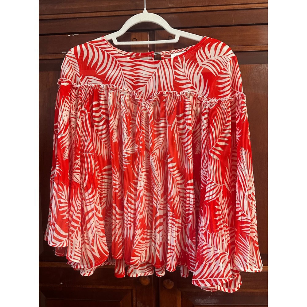 Molly Bracken Red White Palm Leaf Pleated Bell Sleeve Blouse LA609E21 Medium